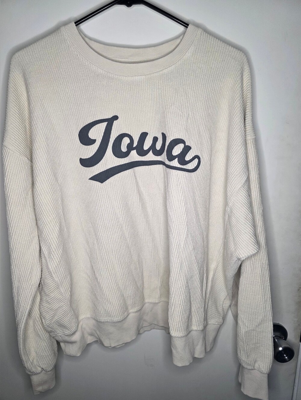 Size 1X Thread & Supply Cream Ribbed 'Iowa' Crew Sweatshirt with Gray Script